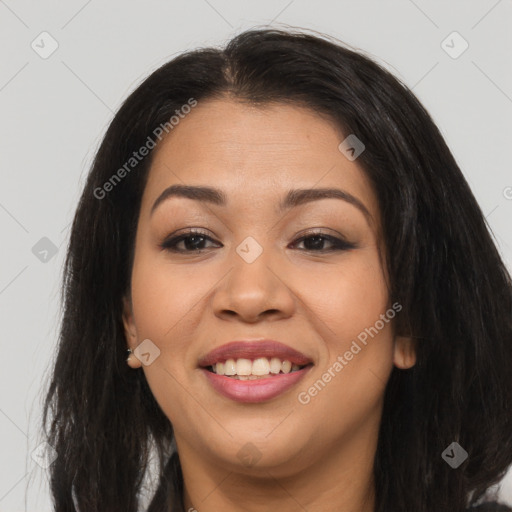 Joyful asian young-adult female with long  brown hair and brown eyes