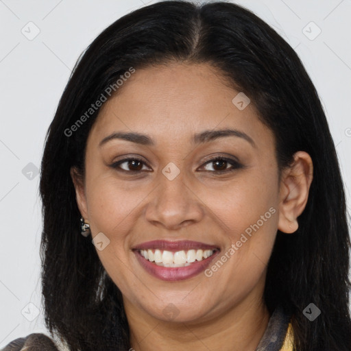 Joyful white young-adult female with long  brown hair and brown eyes