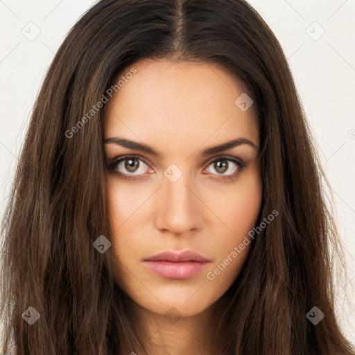 Neutral white young-adult female with long  brown hair and brown eyes