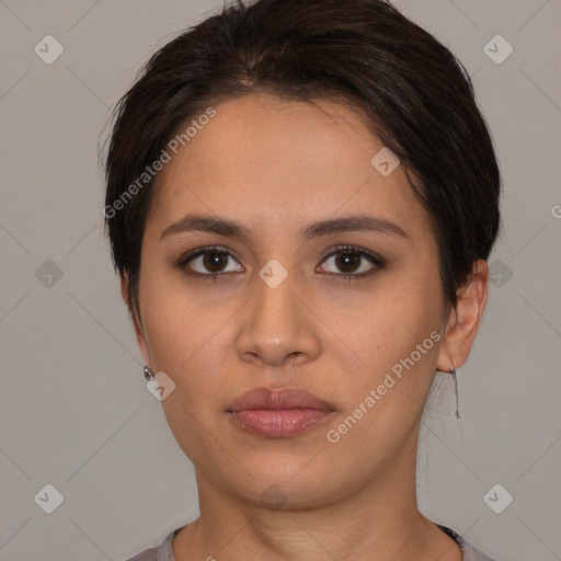 Neutral white young-adult female with medium  brown hair and brown eyes