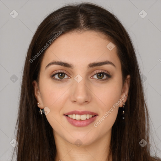 Joyful white young-adult female with long  brown hair and brown eyes