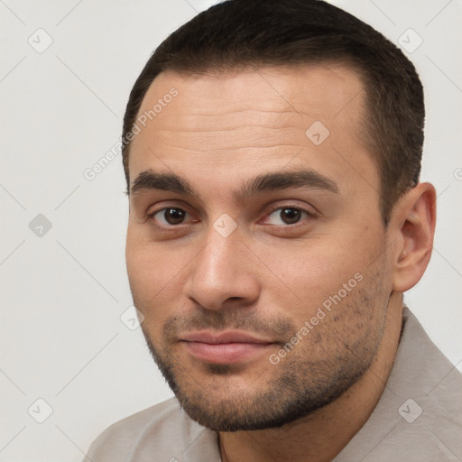 Neutral white young-adult male with short  brown hair and brown eyes