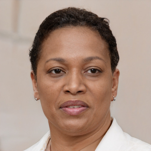 Joyful latino adult female with short  brown hair and brown eyes