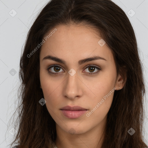 Neutral white young-adult female with long  brown hair and brown eyes