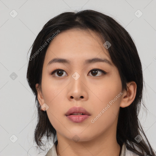 Neutral asian young-adult female with medium  black hair and brown eyes