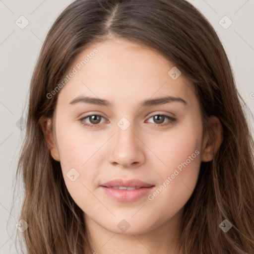 Neutral white young-adult female with long  brown hair and brown eyes