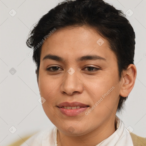 Joyful latino young-adult female with short  brown hair and brown eyes