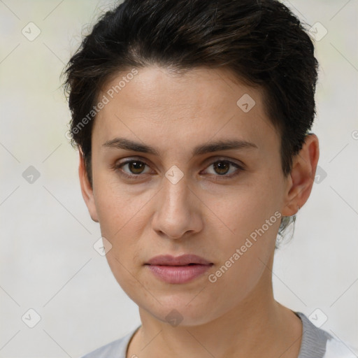 Neutral white young-adult female with short  brown hair and brown eyes