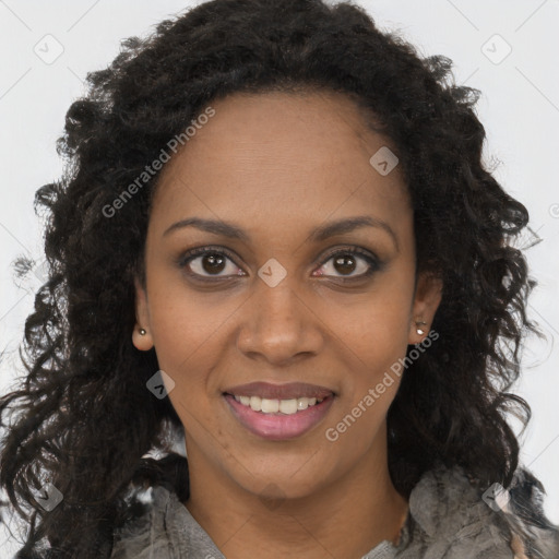 Joyful black young-adult female with long  brown hair and brown eyes