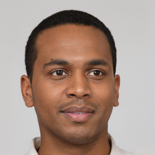 Neutral black young-adult male with short  black hair and brown eyes