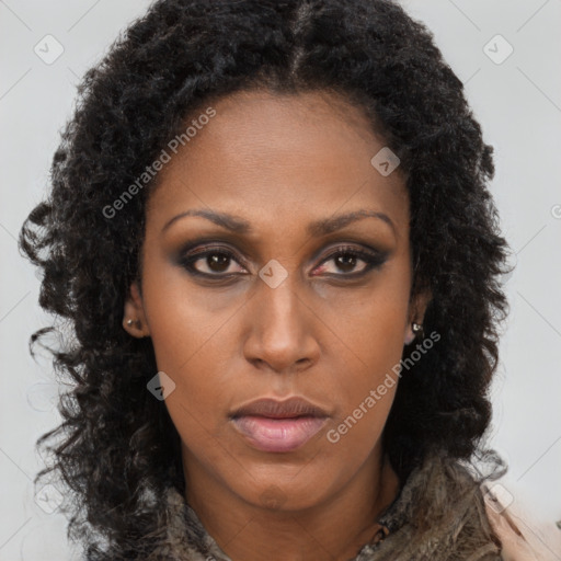 Neutral black young-adult female with long  brown hair and brown eyes