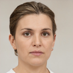 Neutral white young-adult female with short  brown hair and brown eyes