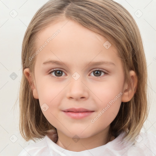 Joyful white child female with medium  brown hair and brown eyes