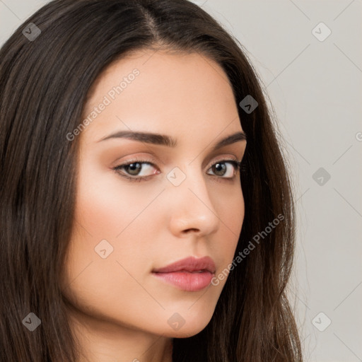 Neutral white young-adult female with long  brown hair and brown eyes