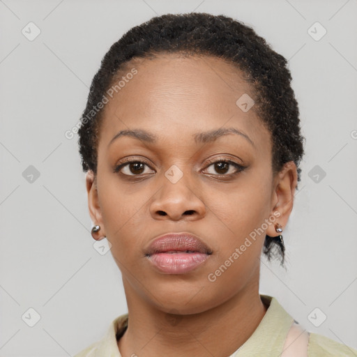 Neutral black young-adult female with short  black hair and brown eyes