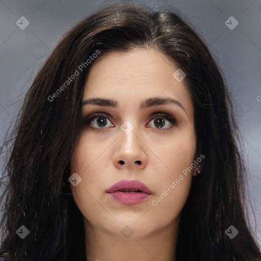 Neutral asian young-adult female with long  brown hair and brown eyes