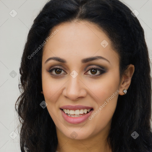 Joyful latino young-adult female with long  brown hair and brown eyes