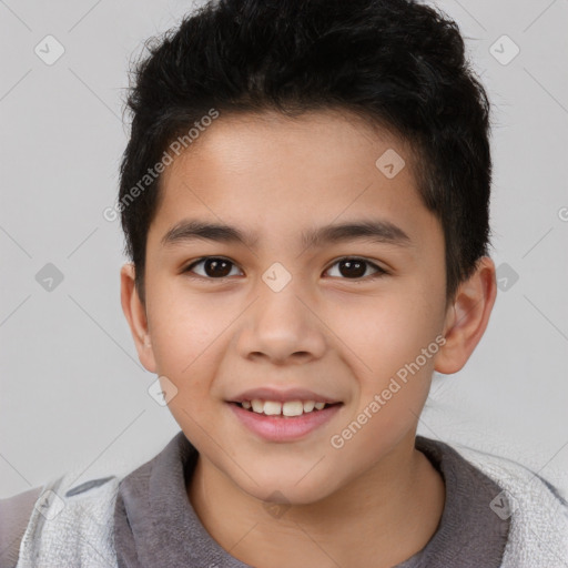 Joyful white child male with short  brown hair and brown eyes