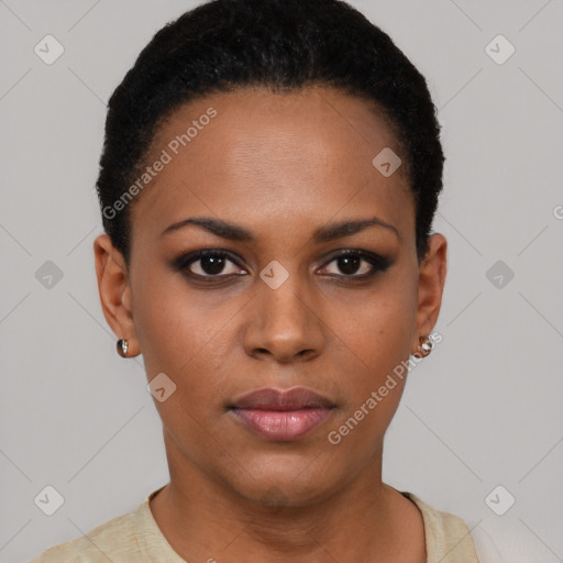 Neutral black young-adult female with short  black hair and brown eyes