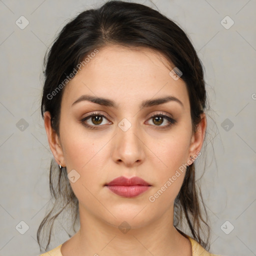 Neutral white young-adult female with medium  brown hair and brown eyes