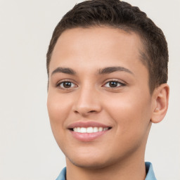 Joyful white young-adult female with short  brown hair and brown eyes