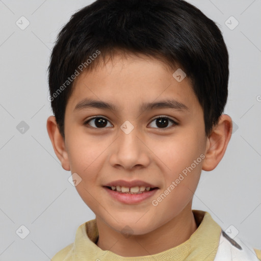 Joyful white child male with short  brown hair and brown eyes