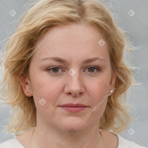 Joyful white young-adult female with medium  brown hair and blue eyes