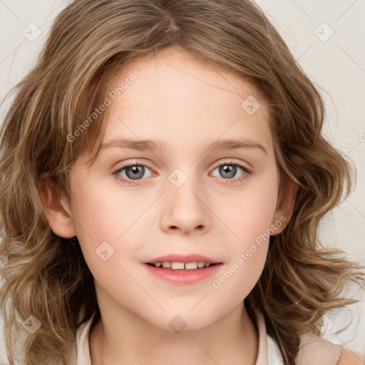 Joyful white child female with medium  brown hair and grey eyes