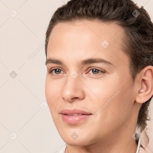 Joyful white young-adult male with medium  brown hair and brown eyes