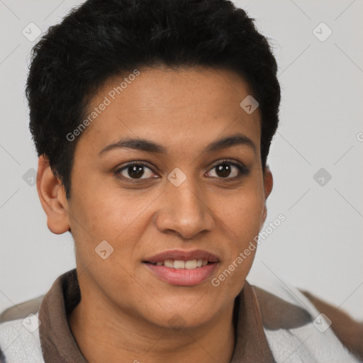 Joyful latino young-adult female with short  brown hair and brown eyes