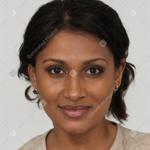 Joyful black young-adult female with medium  brown hair and brown eyes