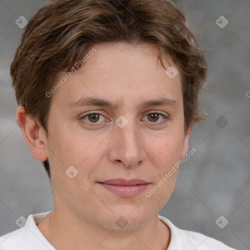 Joyful white adult female with short  brown hair and brown eyes