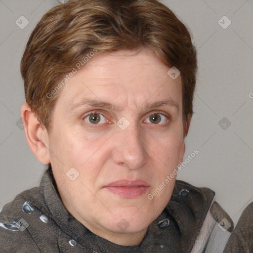 Joyful white adult male with short  brown hair and grey eyes