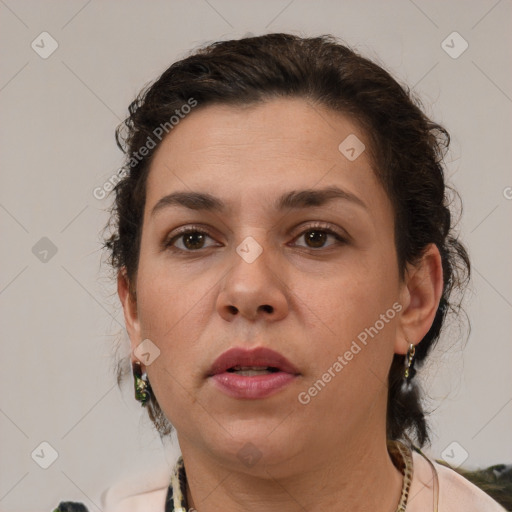 Neutral white young-adult female with medium  brown hair and brown eyes