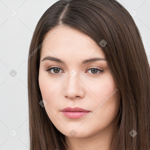 Neutral white young-adult female with long  brown hair and brown eyes