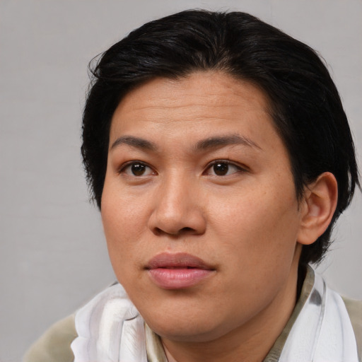 Joyful asian adult female with medium  brown hair and brown eyes