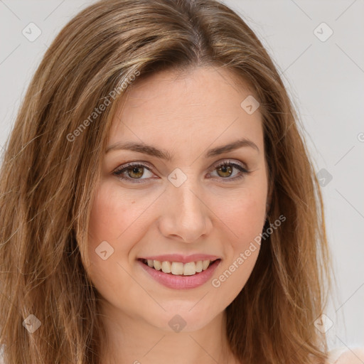 Joyful white young-adult female with long  brown hair and brown eyes