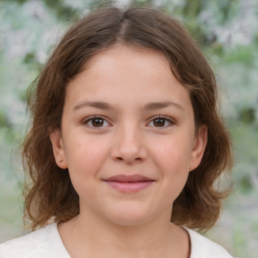 Joyful white child female with medium  brown hair and brown eyes