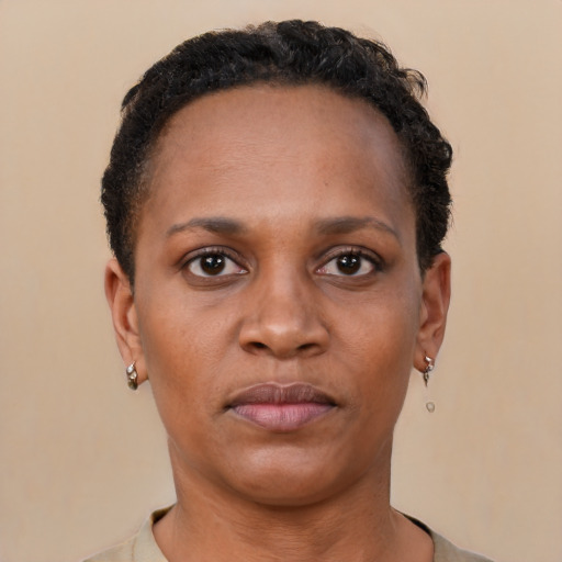 Neutral black adult female with short  brown hair and brown eyes