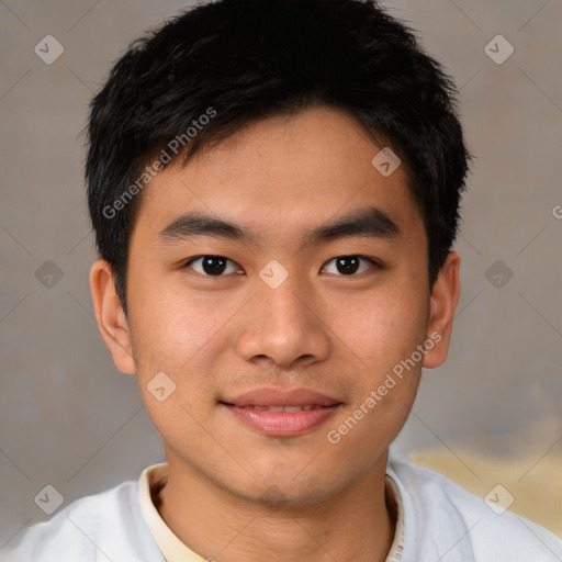 Joyful asian young-adult male with short  black hair and brown eyes