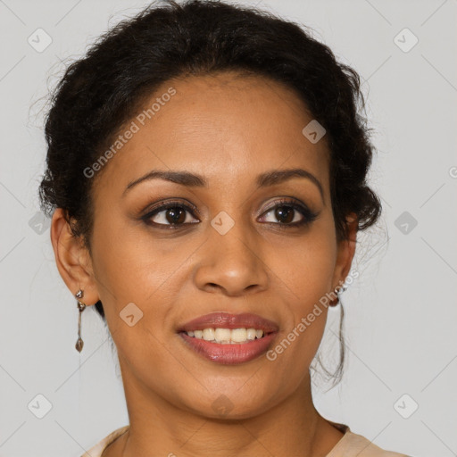 Joyful latino young-adult female with short  brown hair and brown eyes