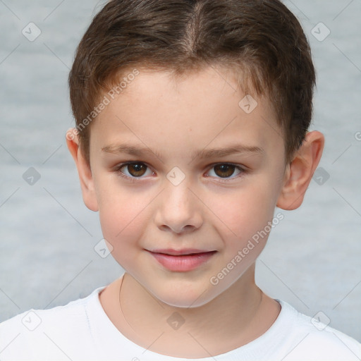 Joyful white child female with short  brown hair and brown eyes