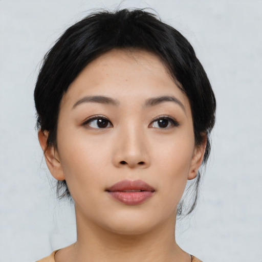 Neutral asian young-adult female with medium  black hair and brown eyes
