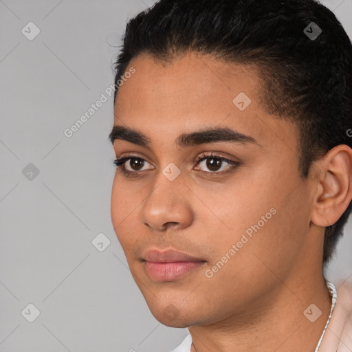 Neutral latino young-adult male with short  black hair and brown eyes