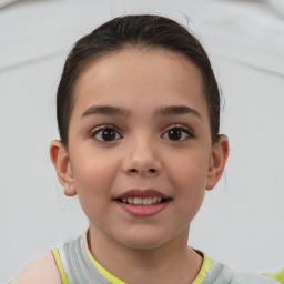 Joyful white child female with short  brown hair and brown eyes