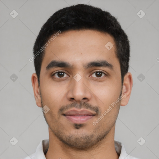 Neutral latino young-adult male with short  black hair and brown eyes