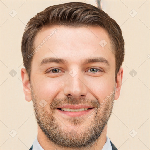 Joyful white young-adult male with short  brown hair and brown eyes