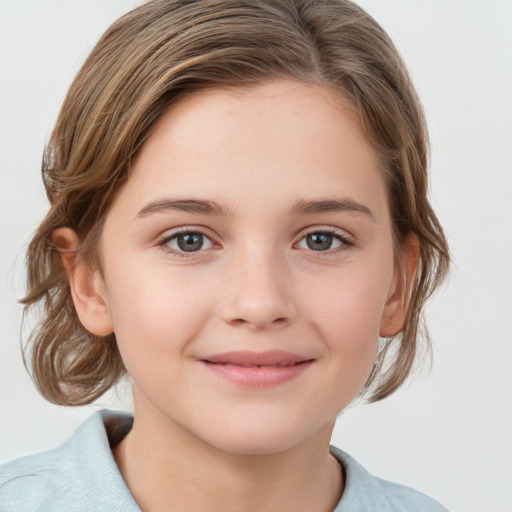 Joyful white child female with medium  brown hair and grey eyes