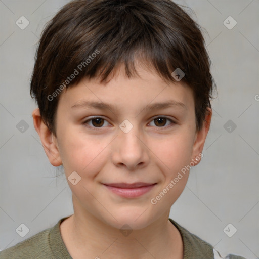 Joyful white child female with short  brown hair and brown eyes