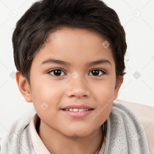 Joyful white child female with short  brown hair and brown eyes